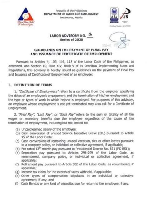 final pay dole|DOLE Labor Advisory 06 Series of 2020: GUIDELINES ON THE .